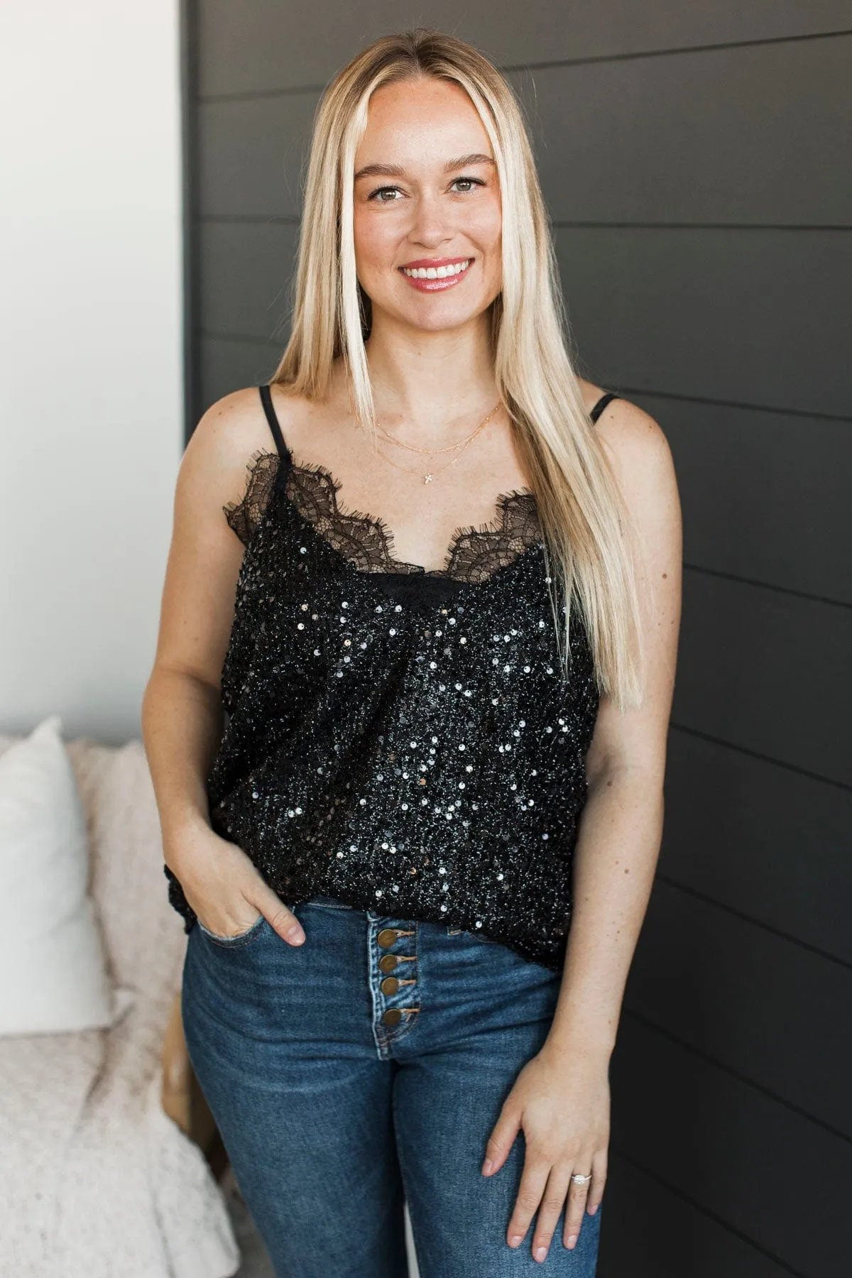 A True Gem Sequin Tank Top- Black