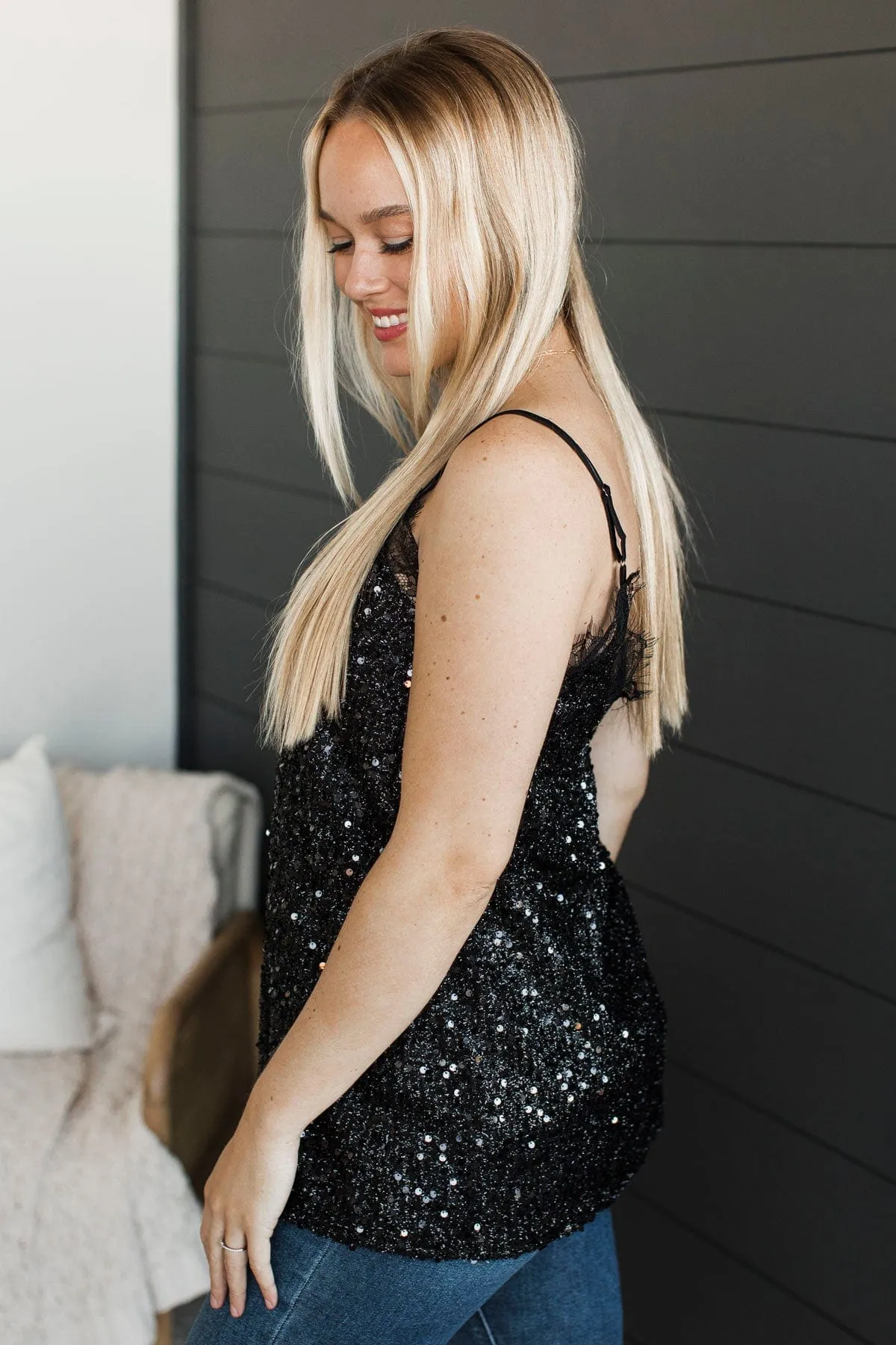 A True Gem Sequin Tank Top- Black