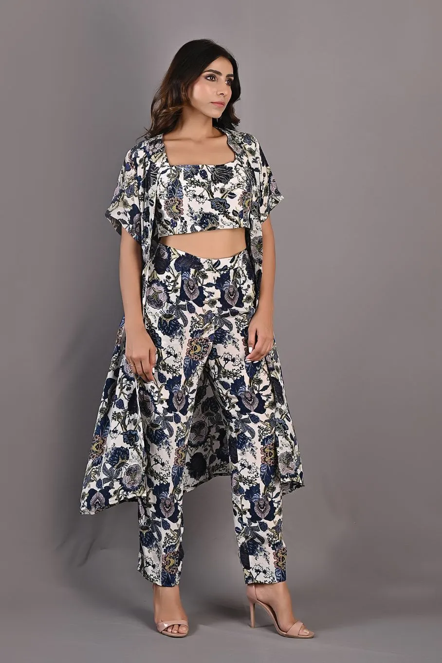 Alyssa- Printed Co-ord Embroidery Top with Pants and Cape Set
