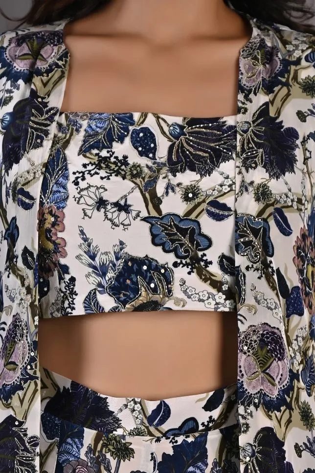 Alyssa- Printed Co-ord Embroidery Top with Pants and Cape Set