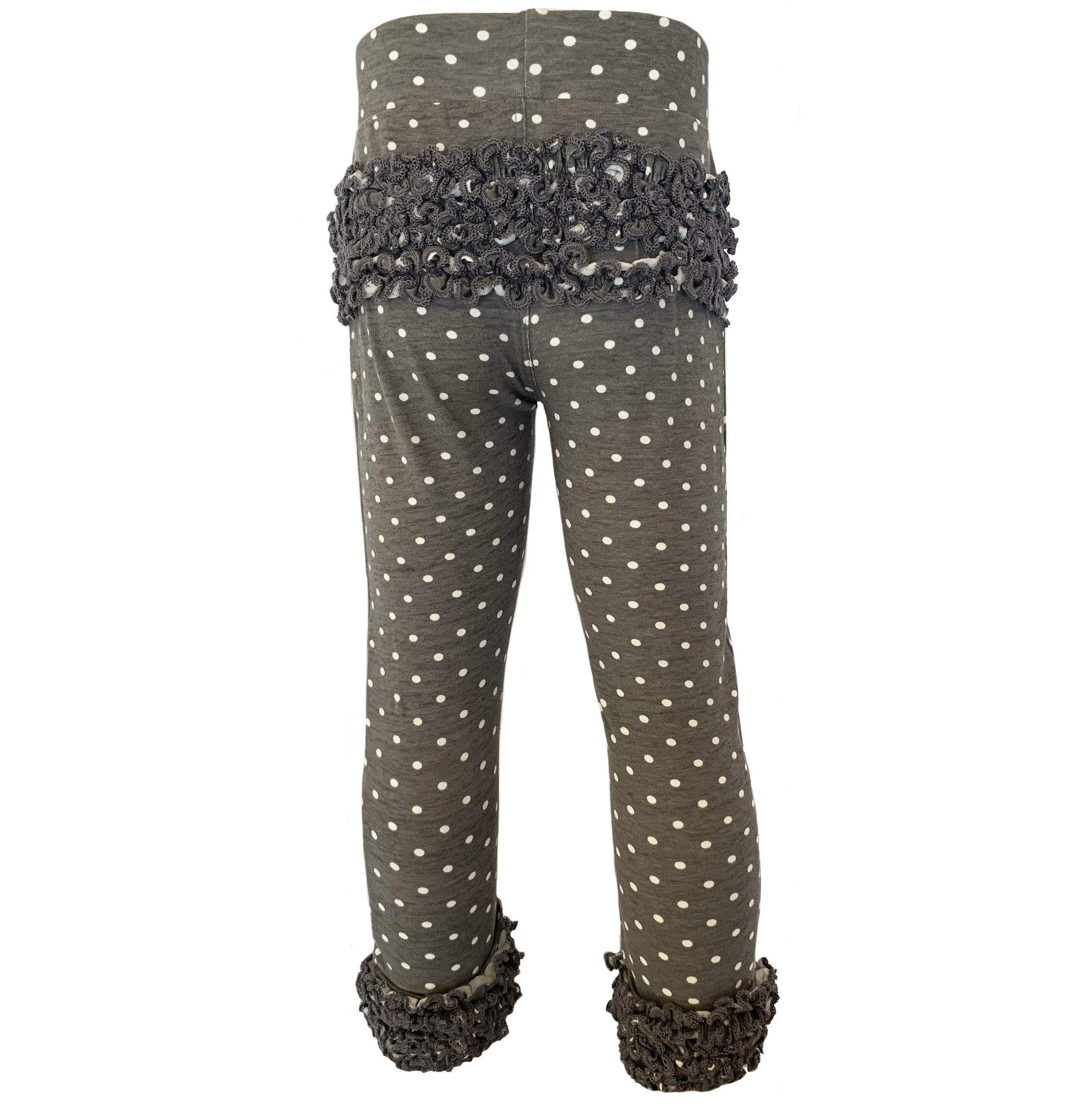 AnnLoren Baby Toddler Big Girls Boutique Grey Polka Dot Ruffle Butt Leggings Set sz 6M-2/3T