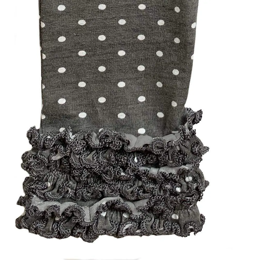 AnnLoren Baby Toddler Big Girls Boutique Grey Polka Dot Ruffle Butt Leggings Set sz 6M-2/3T