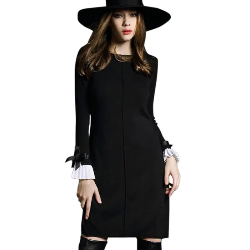 Autumn Women Dress High Butterfly sleeve Knitted Sweater Black&Gray Casual A-line Dress