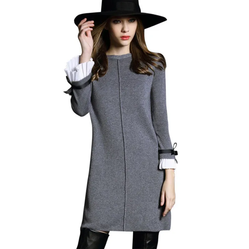 Autumn Women Dress High Butterfly sleeve Knitted Sweater Black&Gray Casual A-line Dress