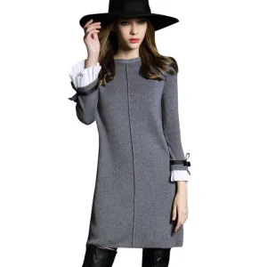Autumn Women Dress High Butterfly sleeve Knitted Sweater Black&Gray Casual A-line Dress