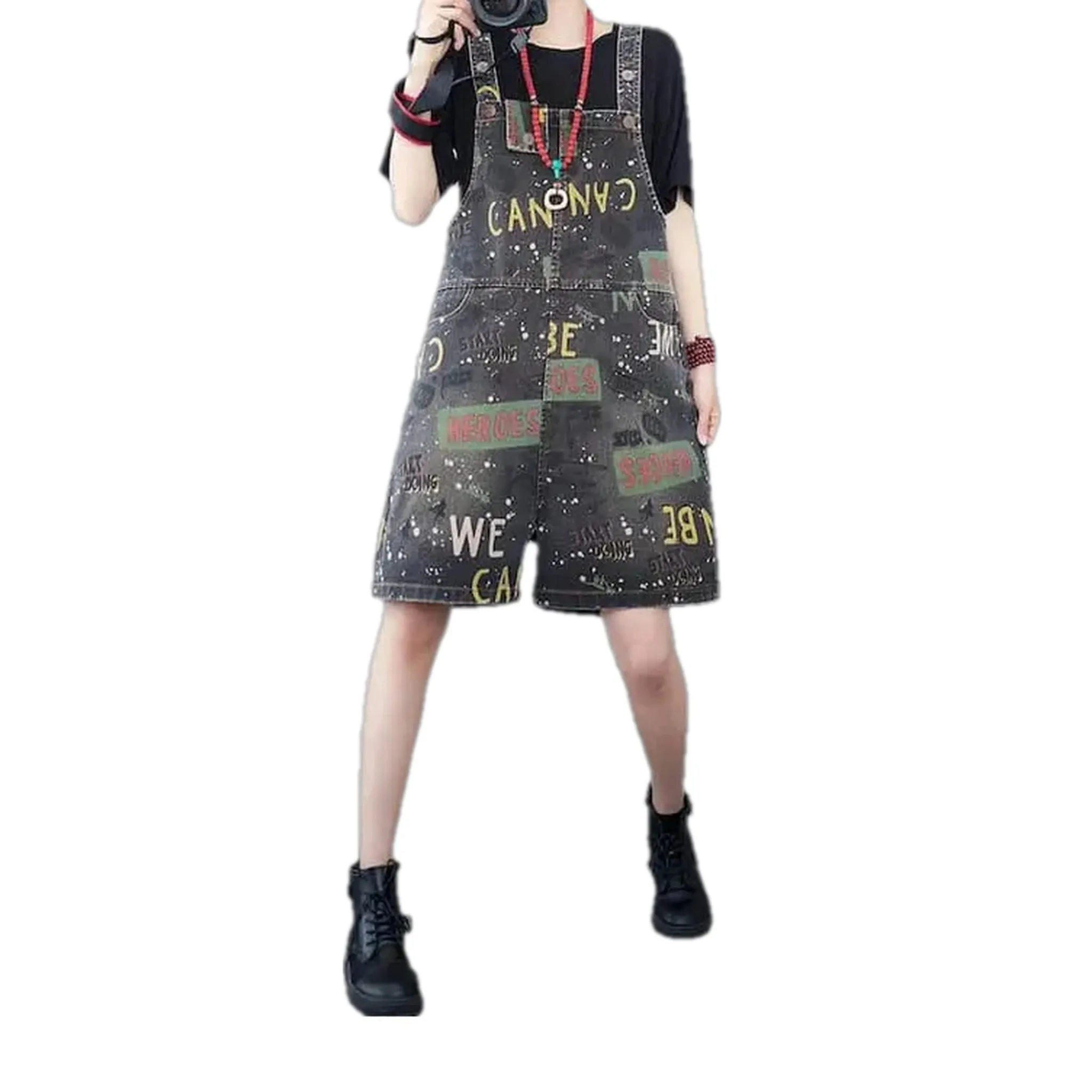 Baggy-fit starry graphic denim overall for ladies
