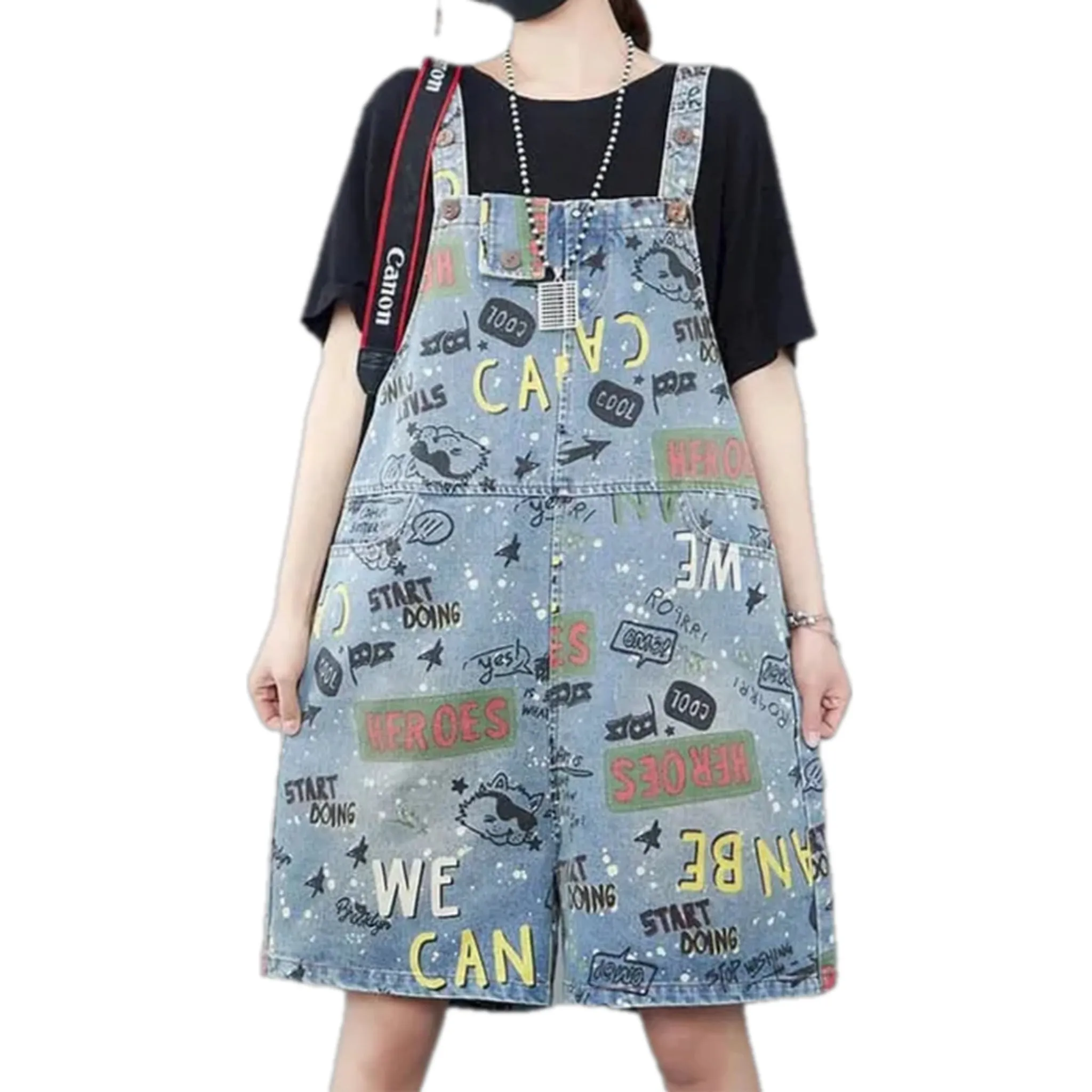 Baggy-fit starry graphic denim overall for ladies
