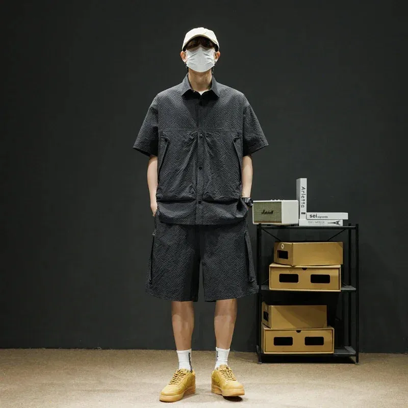 Baggy Men Bubble Check Kurzärmliges Lockeres Hemd   Shorts 2-teiliges Set
