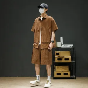 Baggy Men Bubble Check Kurzärmliges Lockeres Hemd   Shorts 2-teiliges Set