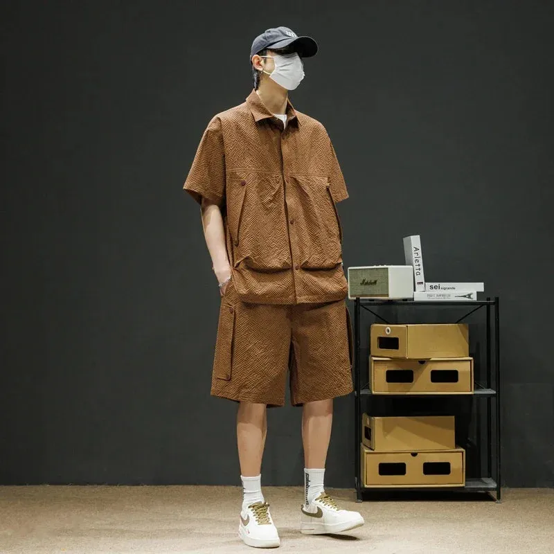 Baggy Men Bubble Check Kurzärmliges Lockeres Hemd   Shorts 2-teiliges Set