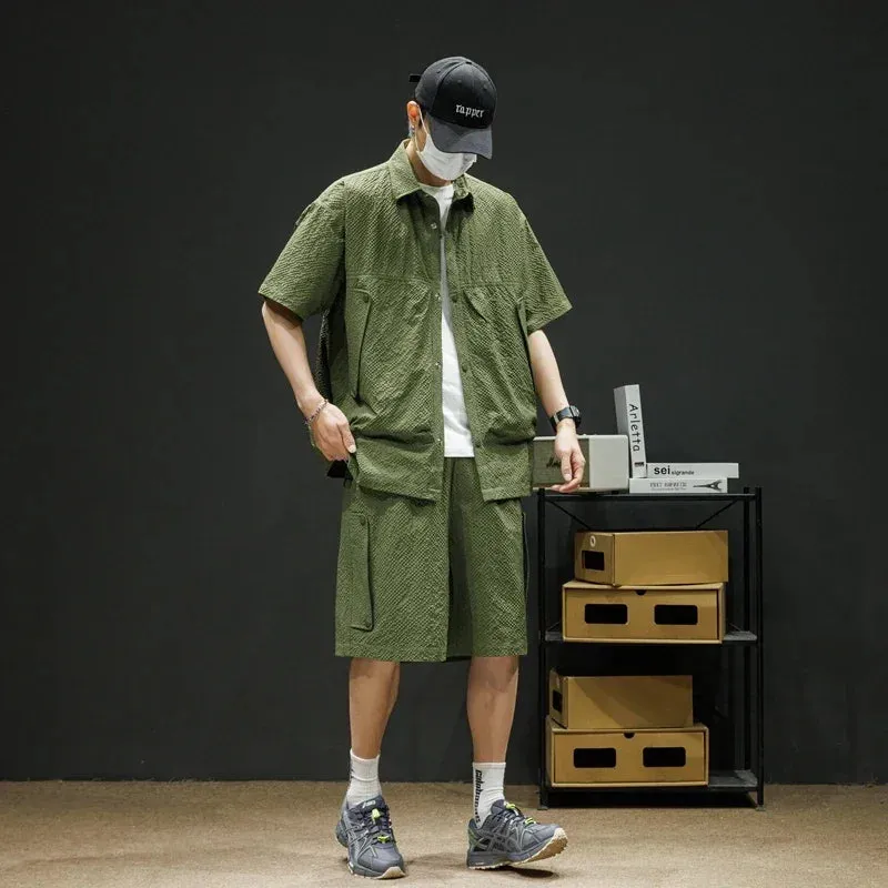 Baggy Men Bubble Check Kurzärmliges Lockeres Hemd   Shorts 2-teiliges Set