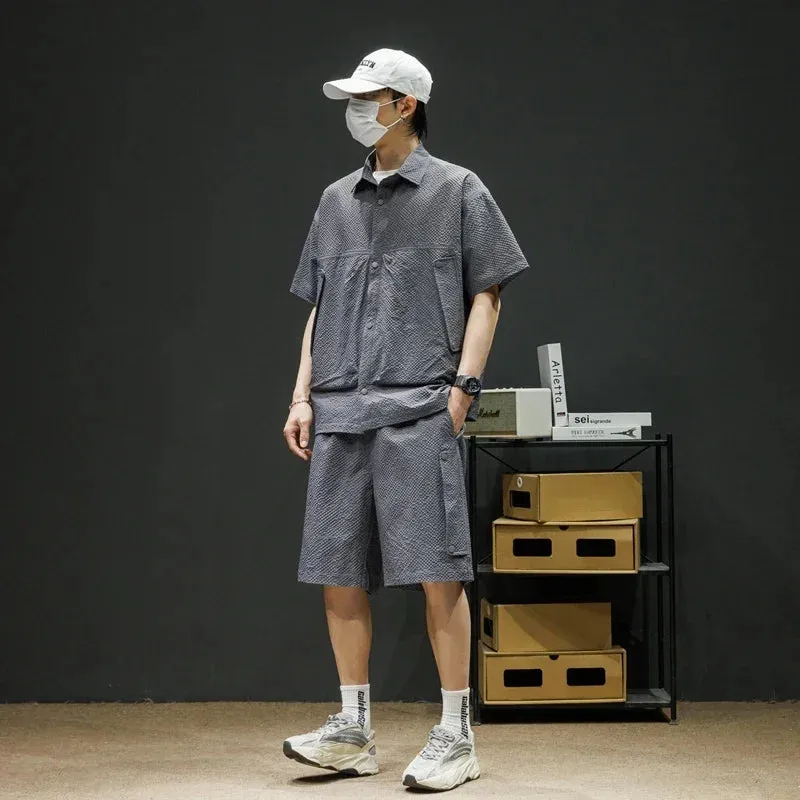 Baggy Men Bubble Check Kurzärmliges Lockeres Hemd   Shorts 2-teiliges Set