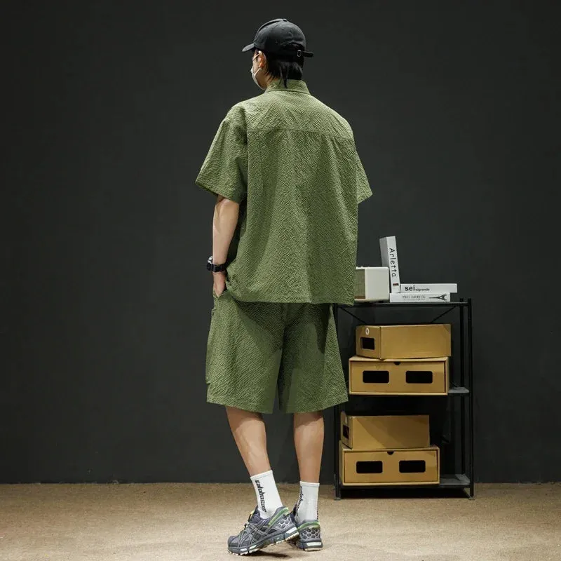 Baggy Men Bubble Check Kurzärmliges Lockeres Hemd   Shorts 2-teiliges Set