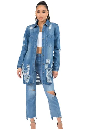 Bazi Distressed Button Down Denim Shirt Jacket