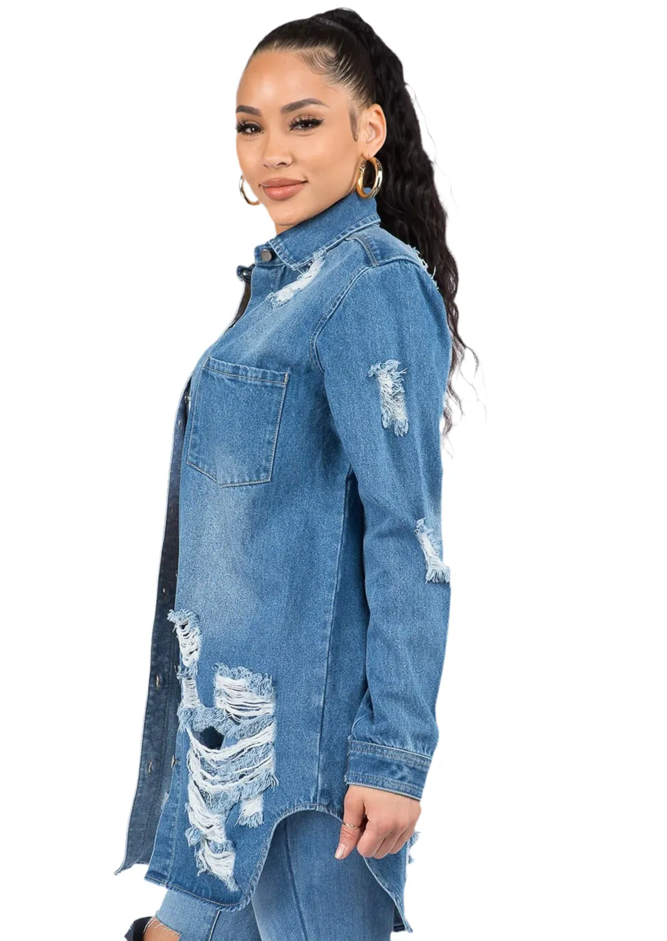 Bazi Distressed Button Down Denim Shirt Jacket