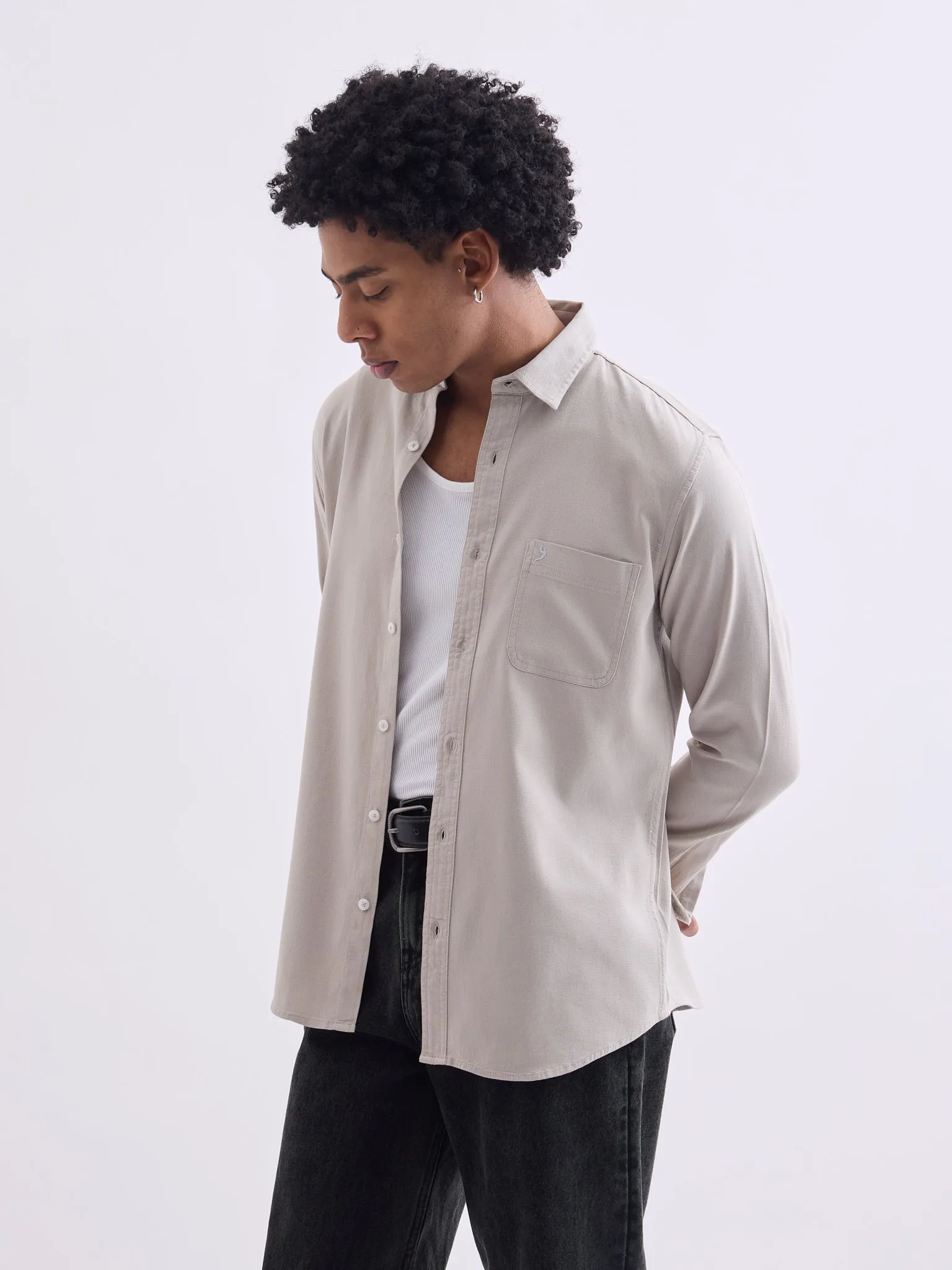 Beige Plain Cotton Stretch Shirt