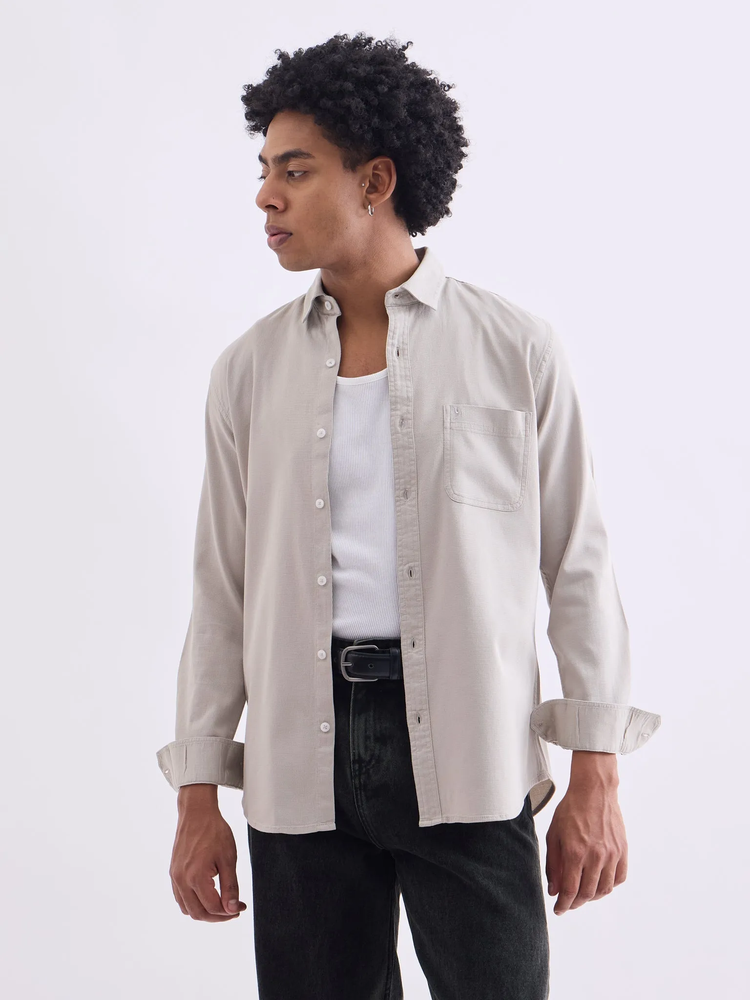 Beige Plain Cotton Stretch Shirt