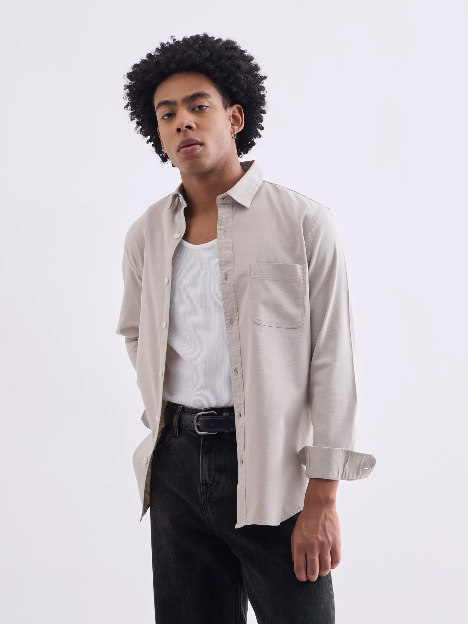 Beige Plain Cotton Stretch Shirt