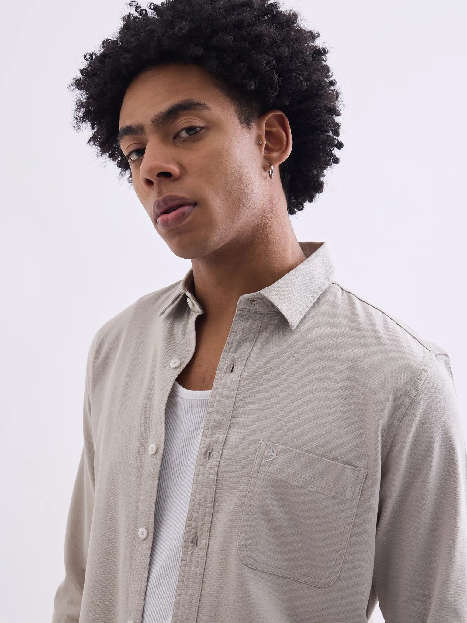 Beige Plain Cotton Stretch Shirt