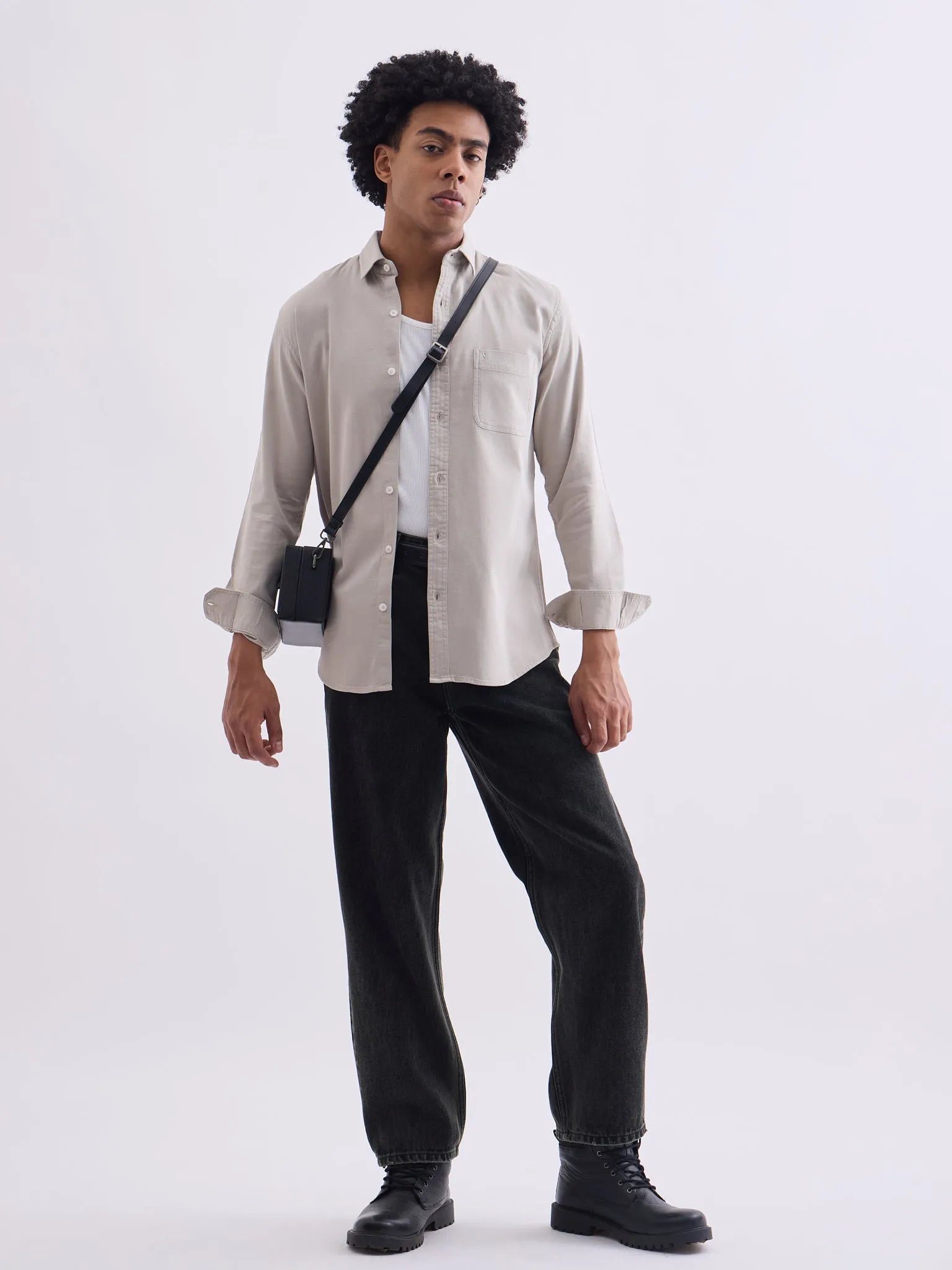 Beige Plain Cotton Stretch Shirt