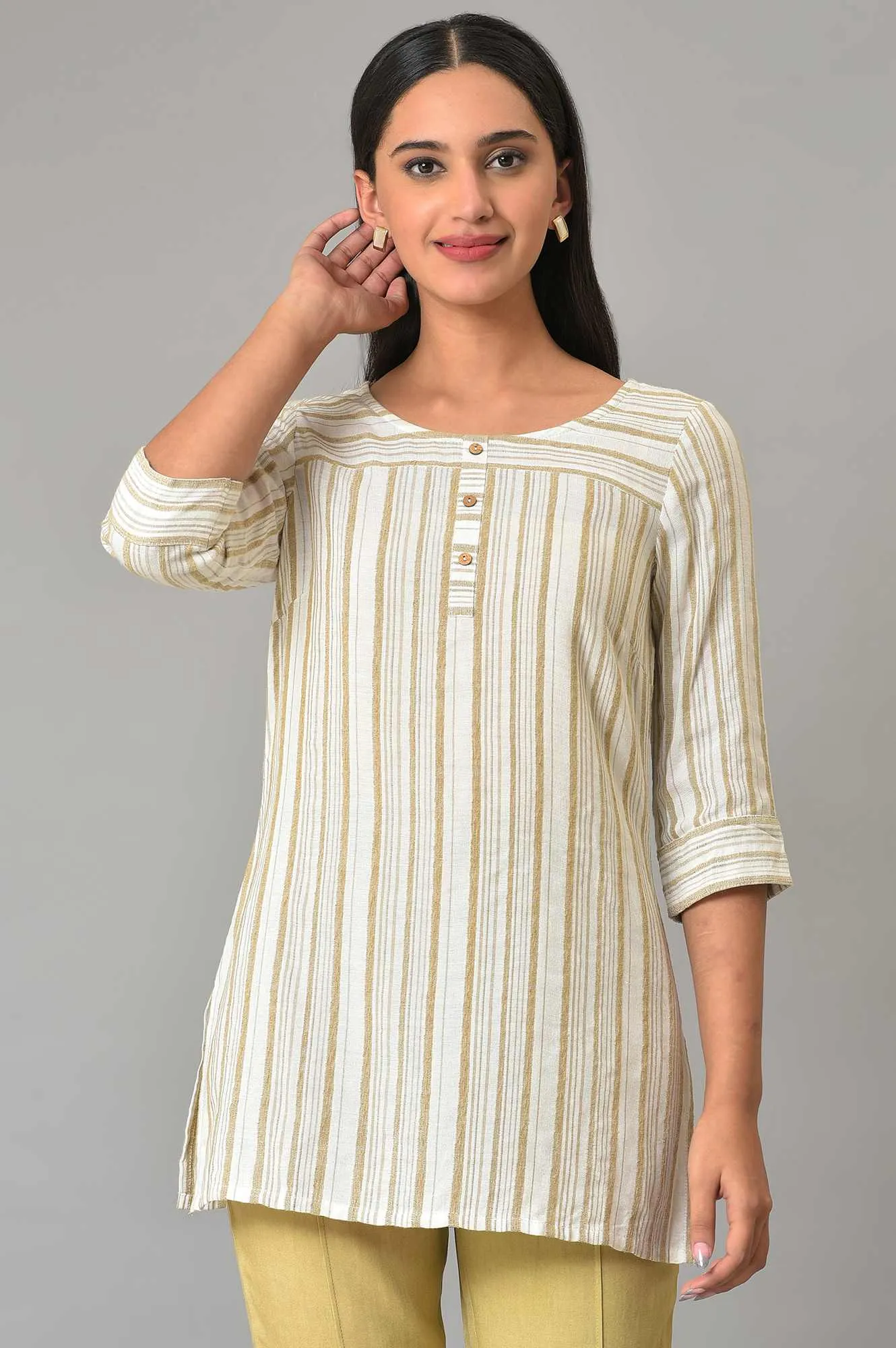 Beige Stripe Print kurta & Trousers Set