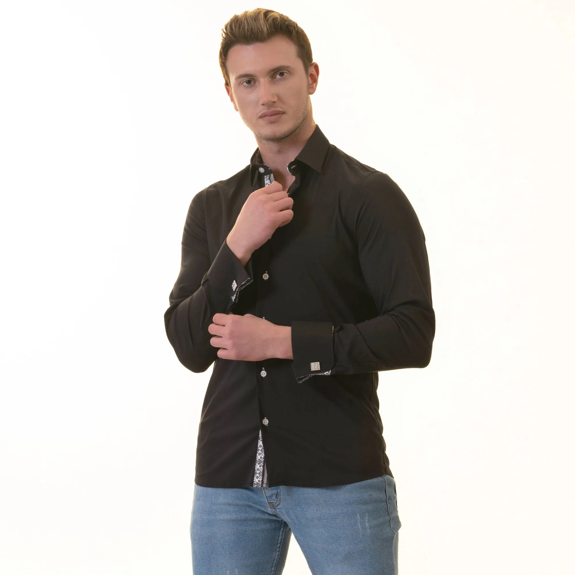 Black inside White Printed Double Cuff Shirt Mens Slim Fit Designer