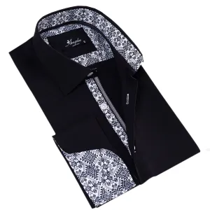 Black inside White Printed Double Cuff Shirt Mens Slim Fit Designer