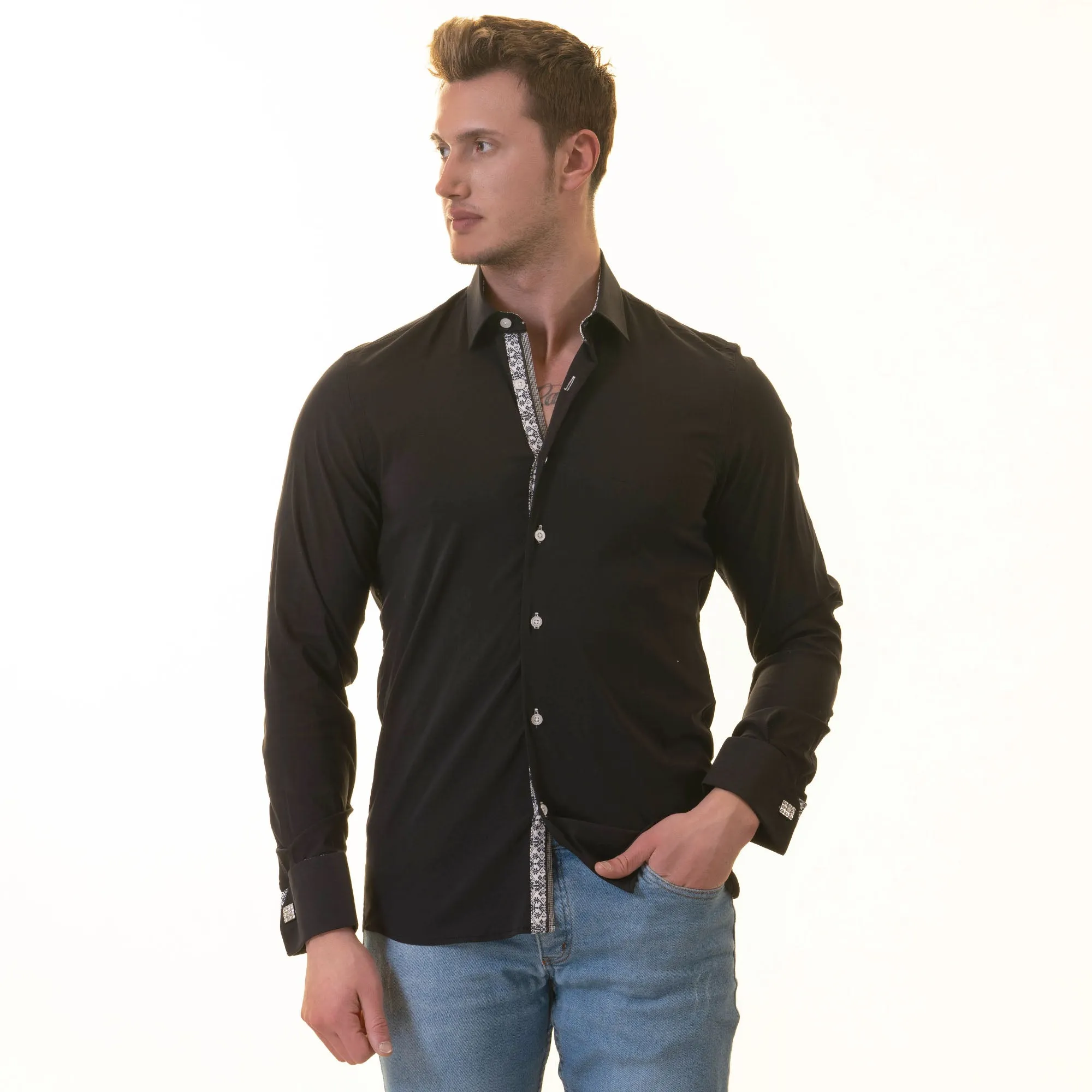 Black inside White Printed Double Cuff Shirt Mens Slim Fit Designer