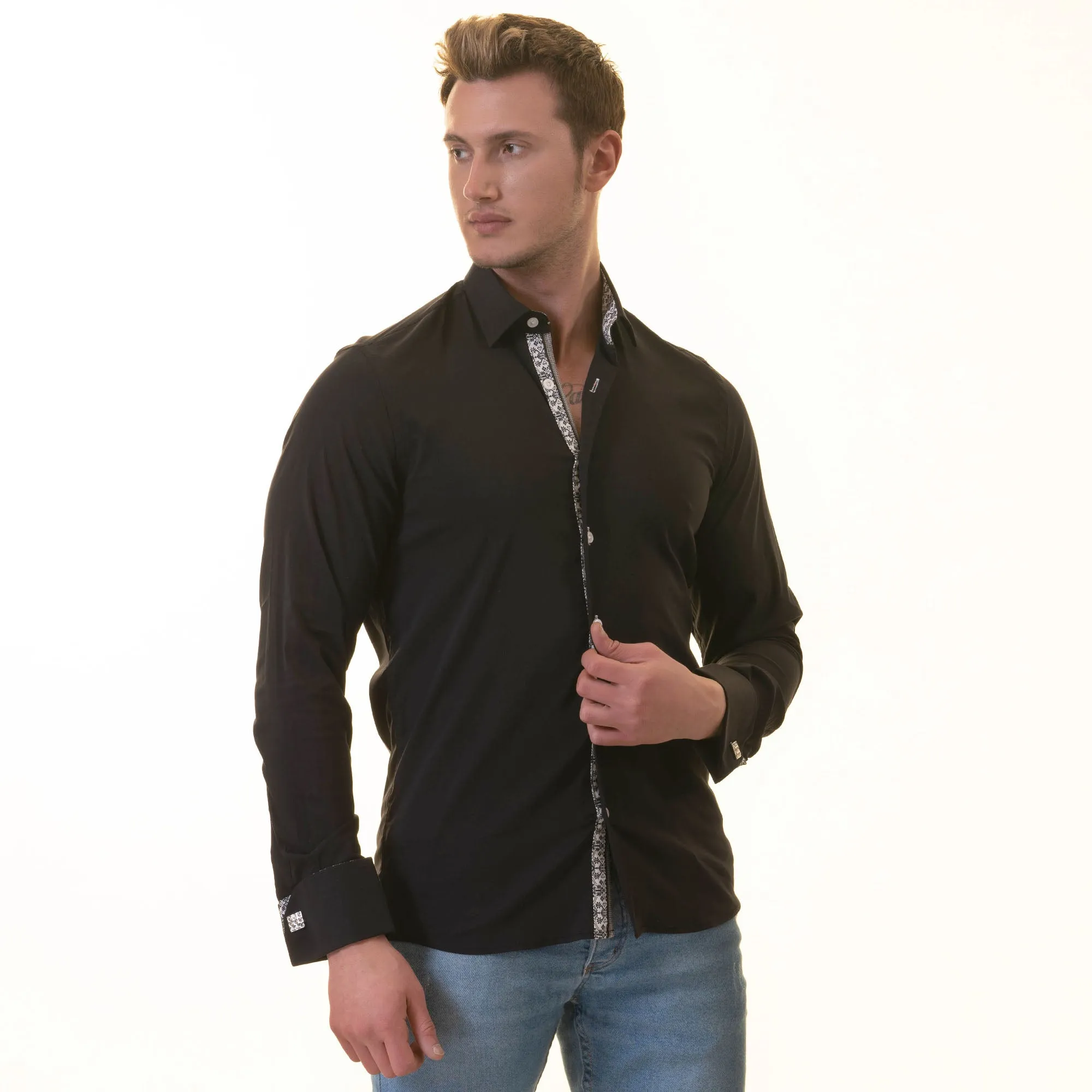 Black inside White Printed Double Cuff Shirt Mens Slim Fit Designer