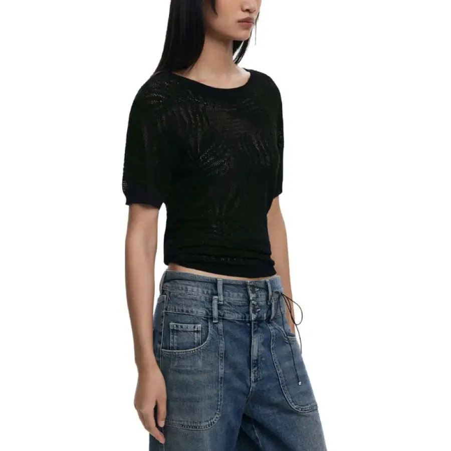 Black Knit Top with Leaf Pattern