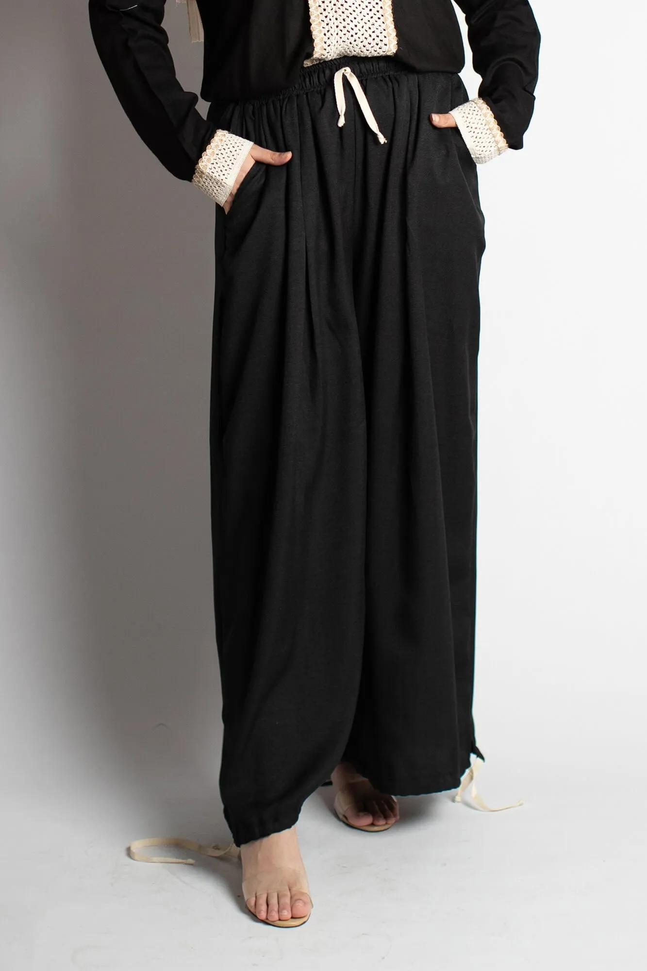 Black Layla Wide-Leg Drawstring Pants