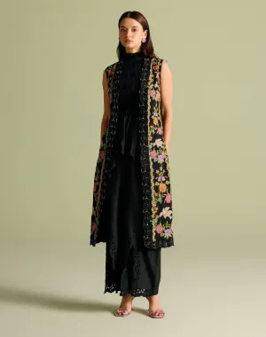 Black ruched peplum top, jacket and pant set