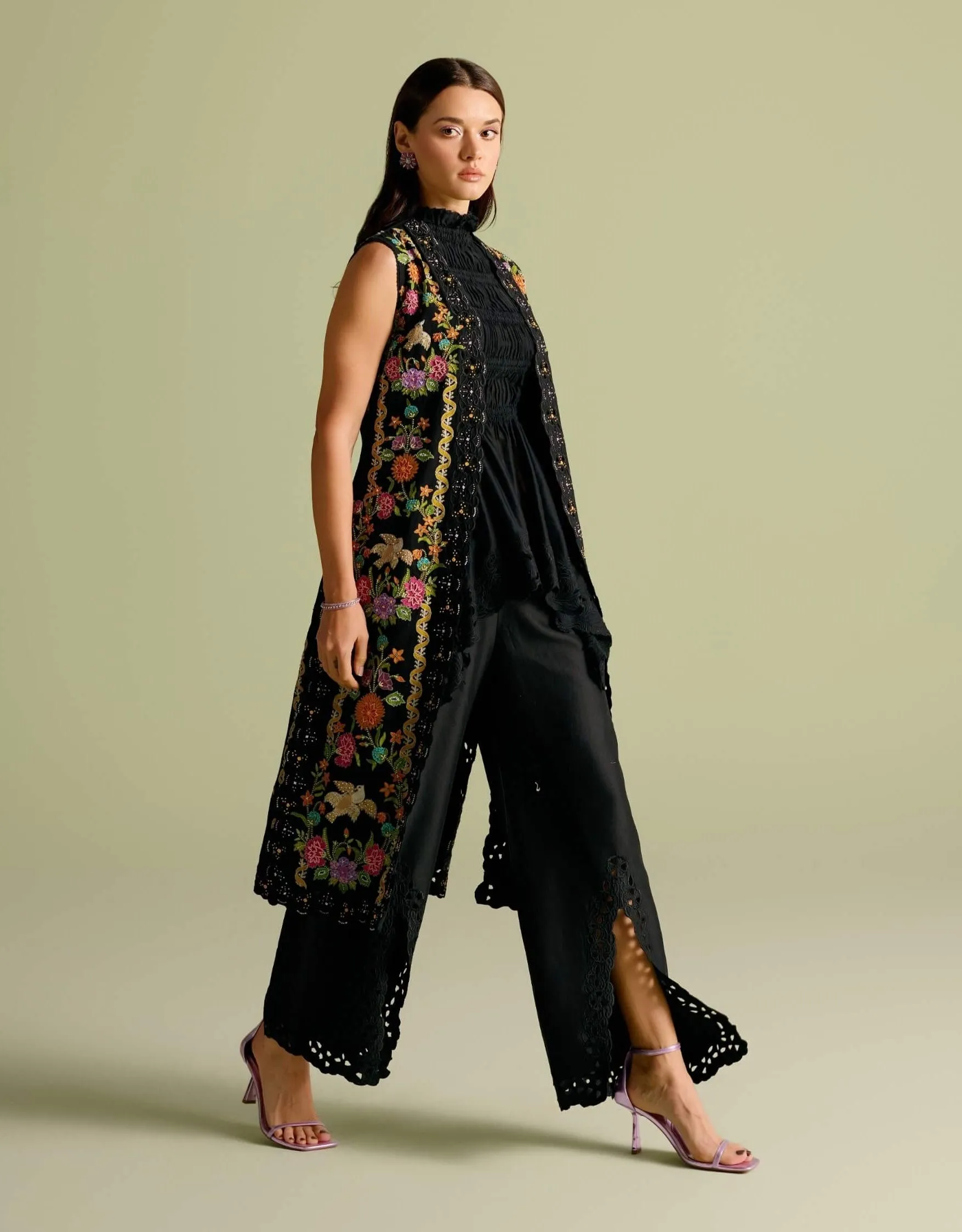 Black ruched peplum top, jacket and pant set