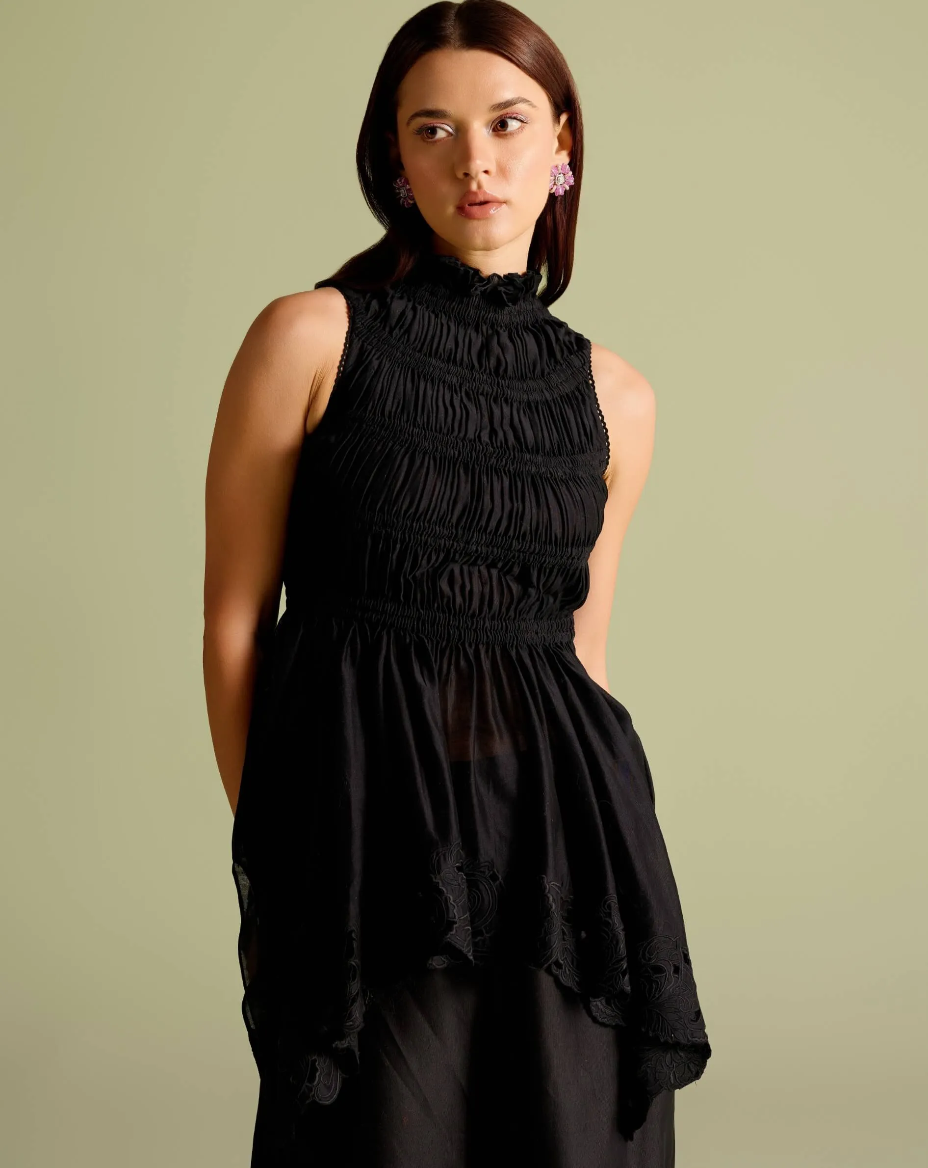 Black ruched peplum top, jacket and pant set