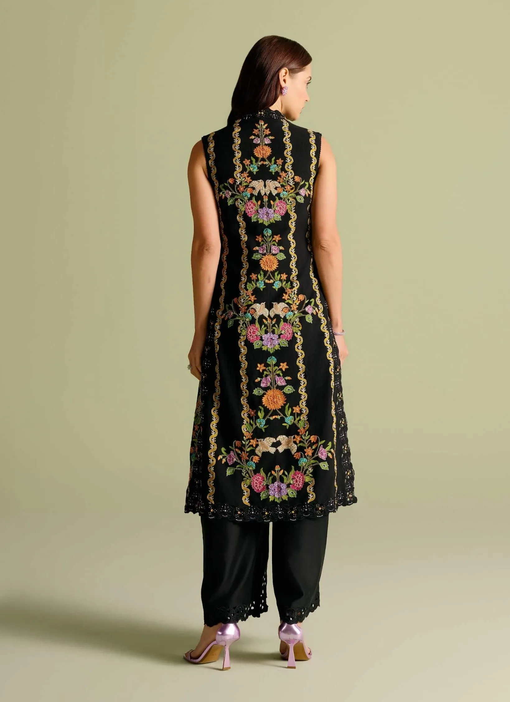 Black ruched peplum top, jacket and pant set