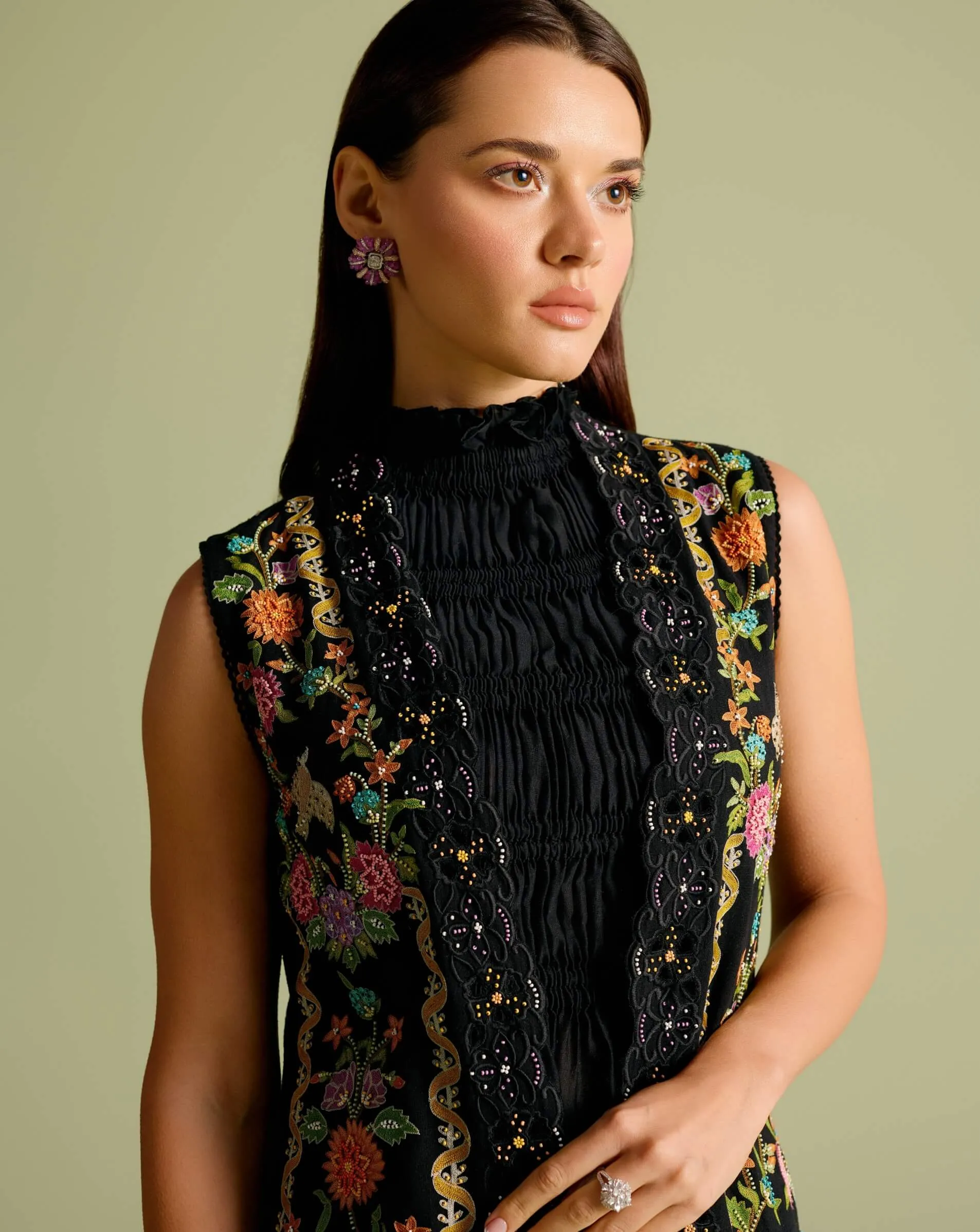Black ruched peplum top, jacket and pant set