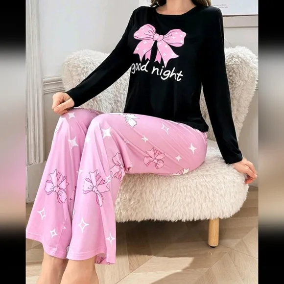 Bow Print Round Neck Long Sleeve Pajama Set For Women