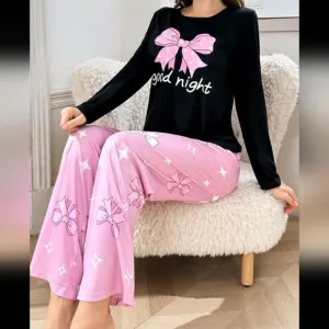 Bow Print Round Neck Long Sleeve Pajama Set For Women