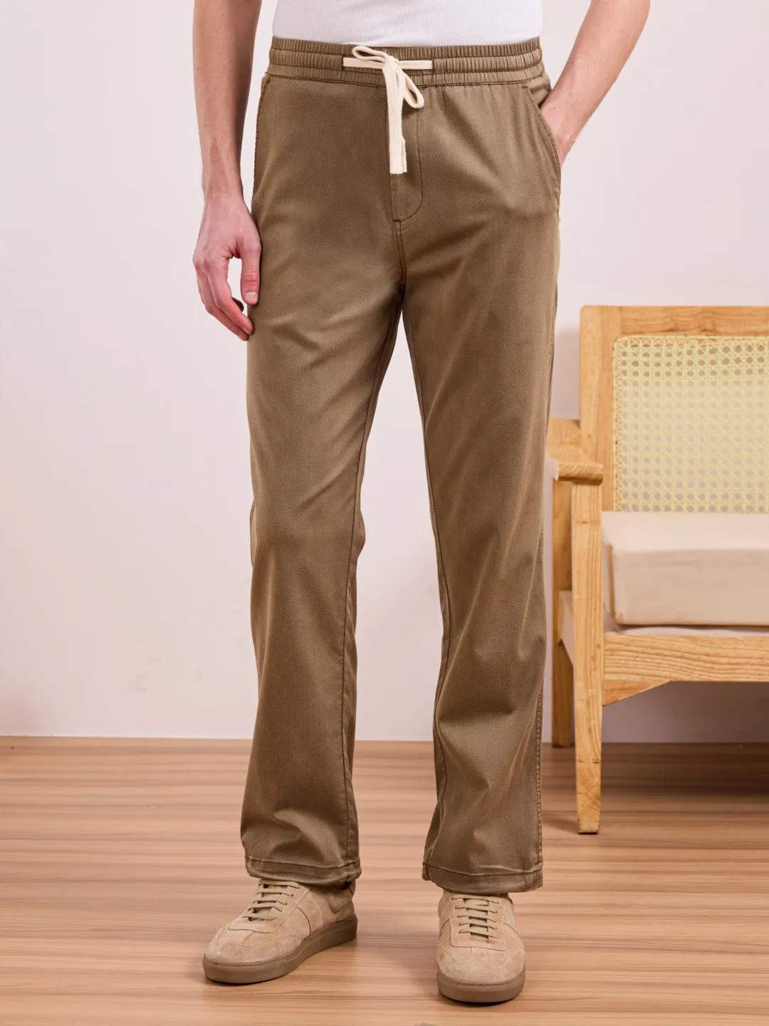 Brown Cotton Stretch Wide Leg Pants