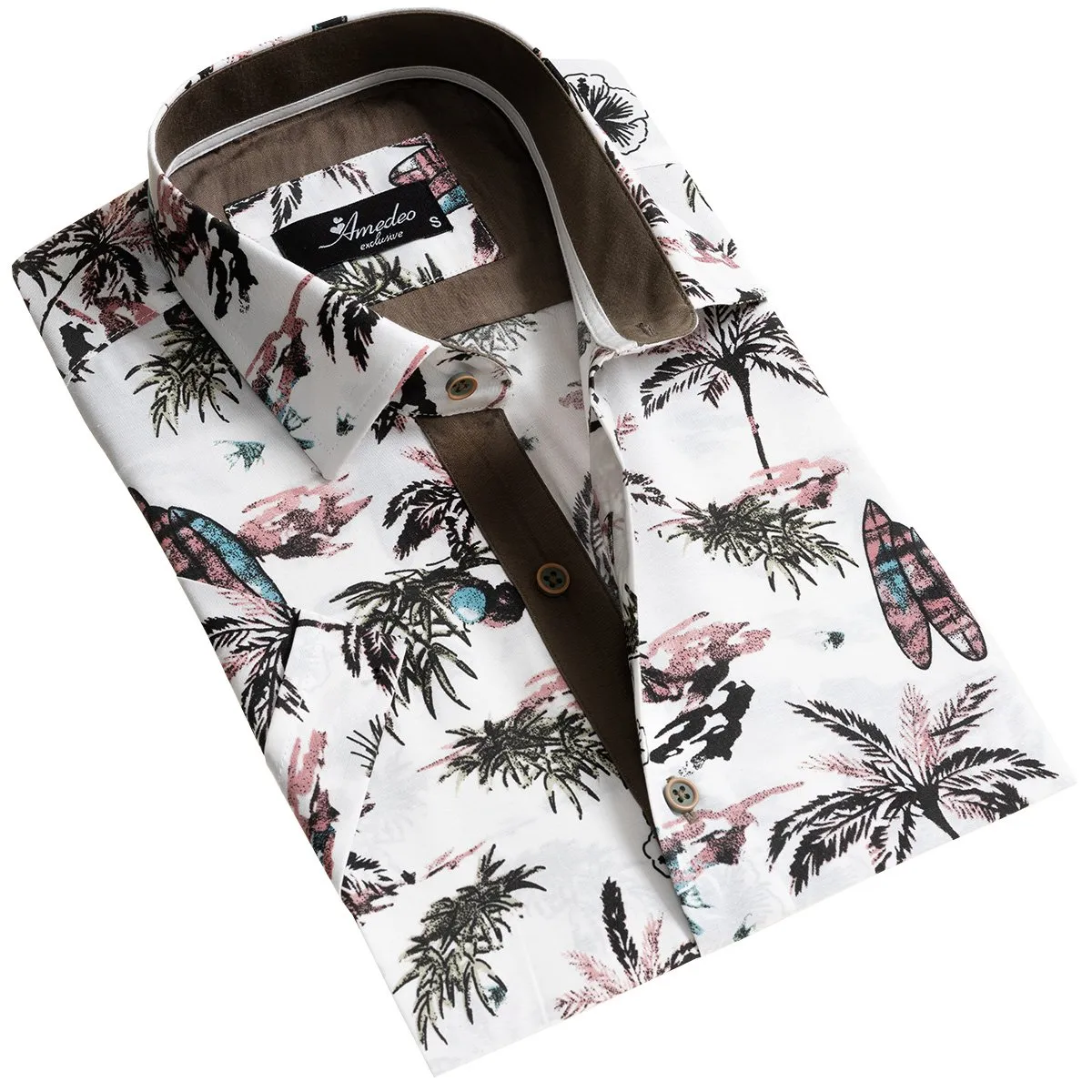Brown Mens Short Sleeve Button up Shirts - Tailored Slim Fit Cotton Dress Shirts