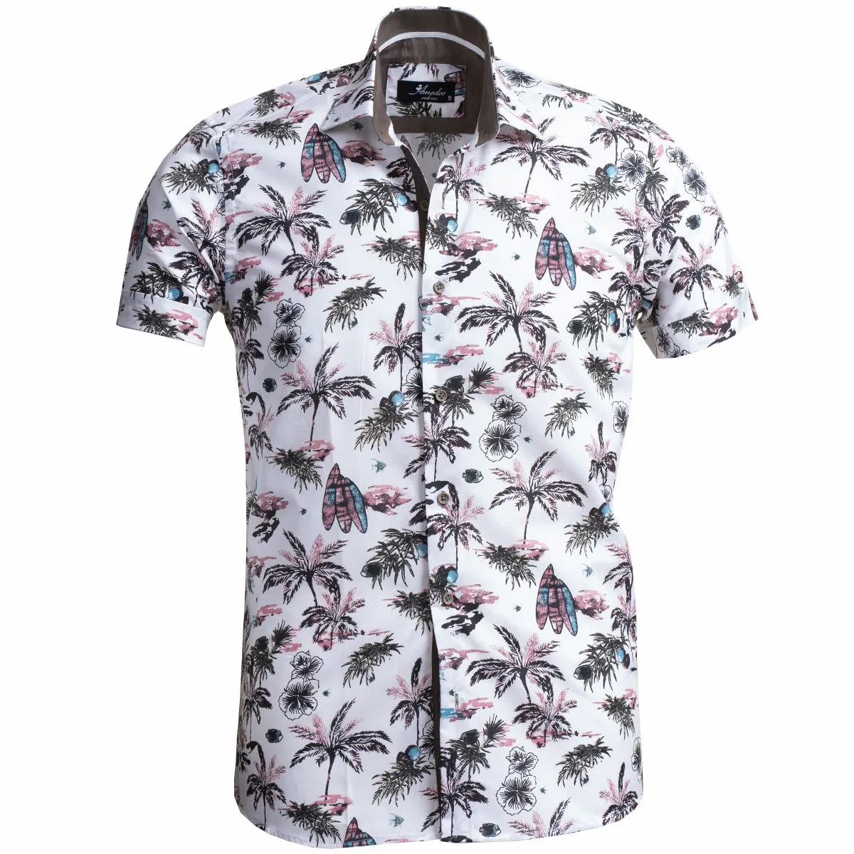 Brown Mens Short Sleeve Button up Shirts - Tailored Slim Fit Cotton Dress Shirts