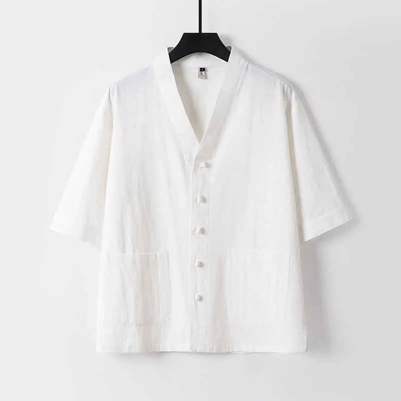 Buddha Stones Casual Plain Color Three Quarter Sleeve Front Button Cotton Linen Men's Shirt With Pockets