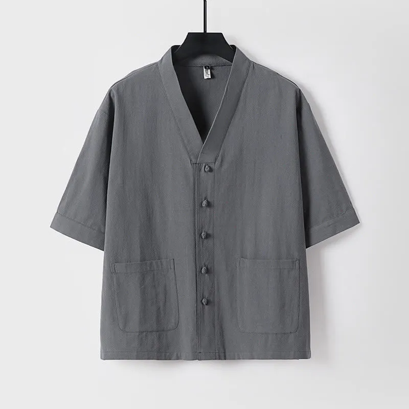 Buddha Stones Casual Plain Color Three Quarter Sleeve Front Button Cotton Linen Men's Shirt With Pockets