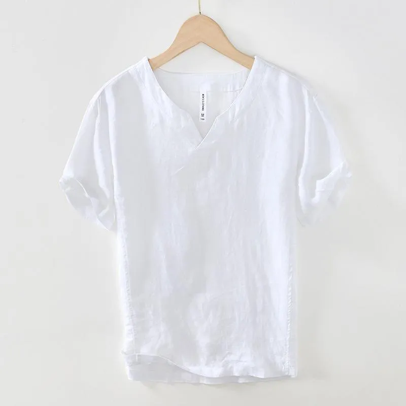 Buddha Stones Casual Plain V-neck Short Sleeve Linen Men's Shirt