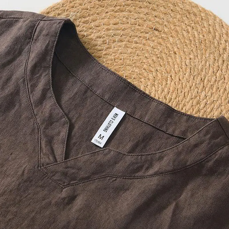 Buddha Stones Casual Plain V-neck Short Sleeve Linen Men's Shirt