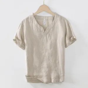 Buddha Stones Casual Plain V-neck Short Sleeve Linen Men's Shirt