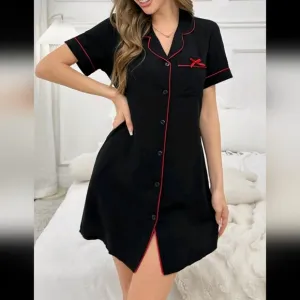 Contrast Trimmed Bow Decoration Patch Pocket Turn Down Collar Button Through