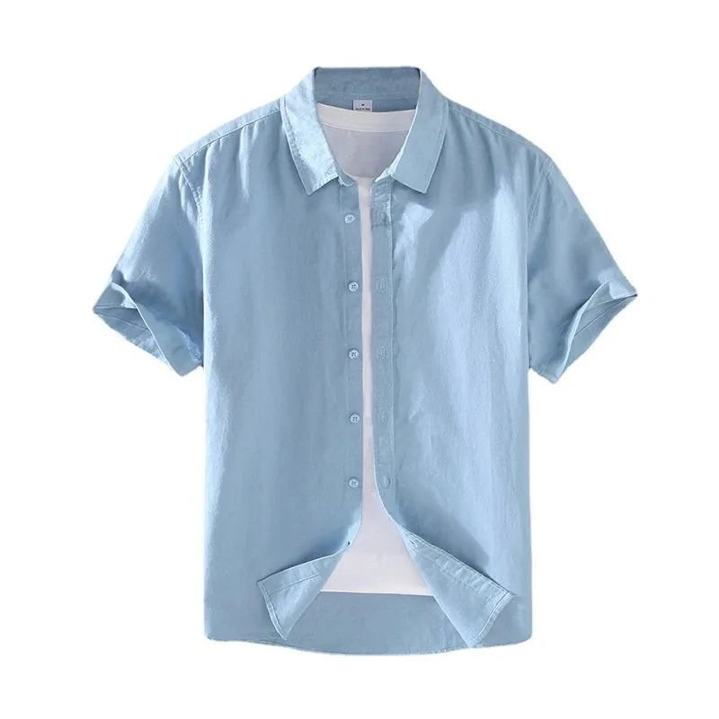 Cotton Linen Men's Short-Sleeved Stand Collar Shirts