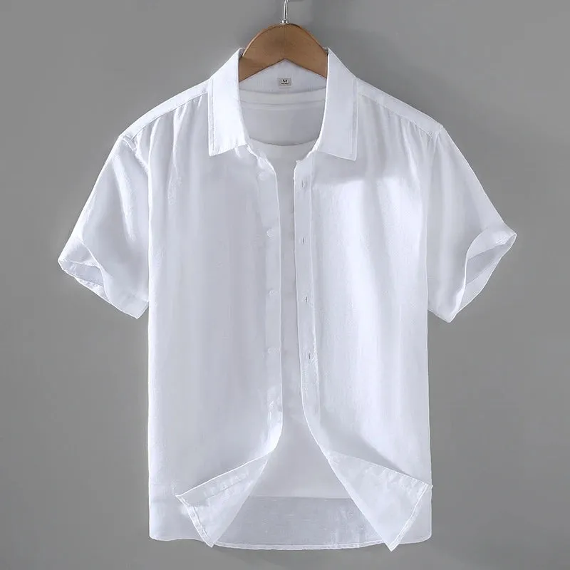 Cotton Linen Men's Short-Sleeved Stand Collar Shirts