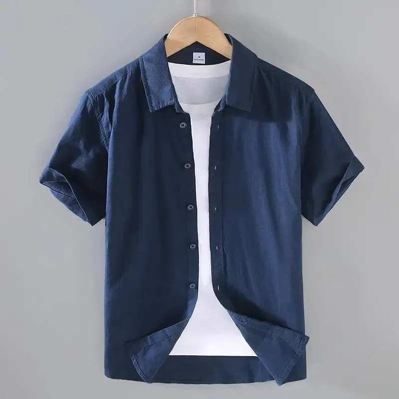 Cotton Linen Men's Short-Sleeved Stand Collar Shirts
